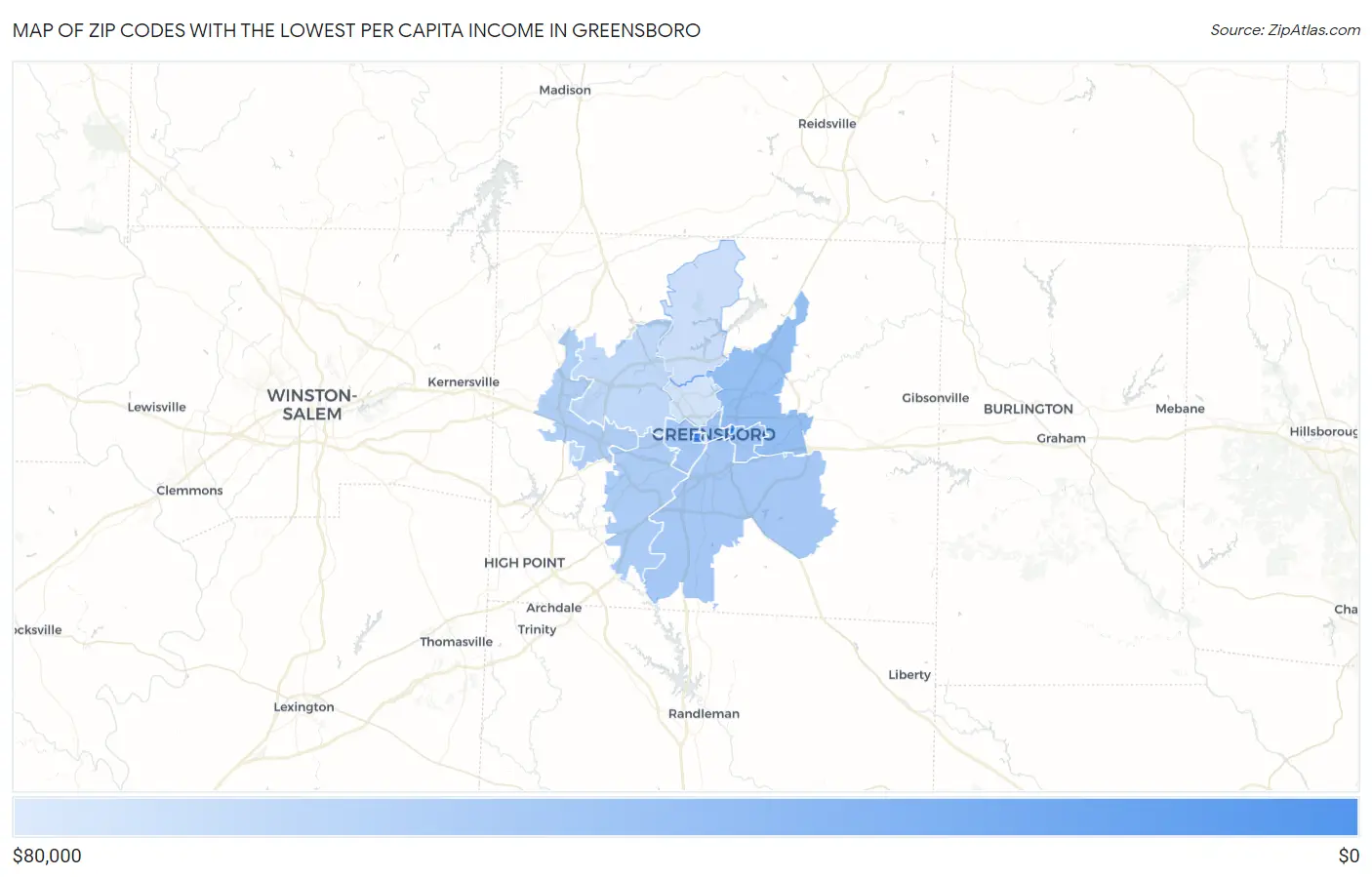 Zip Codes with the Lowest Per Capita Income in Greensboro Map