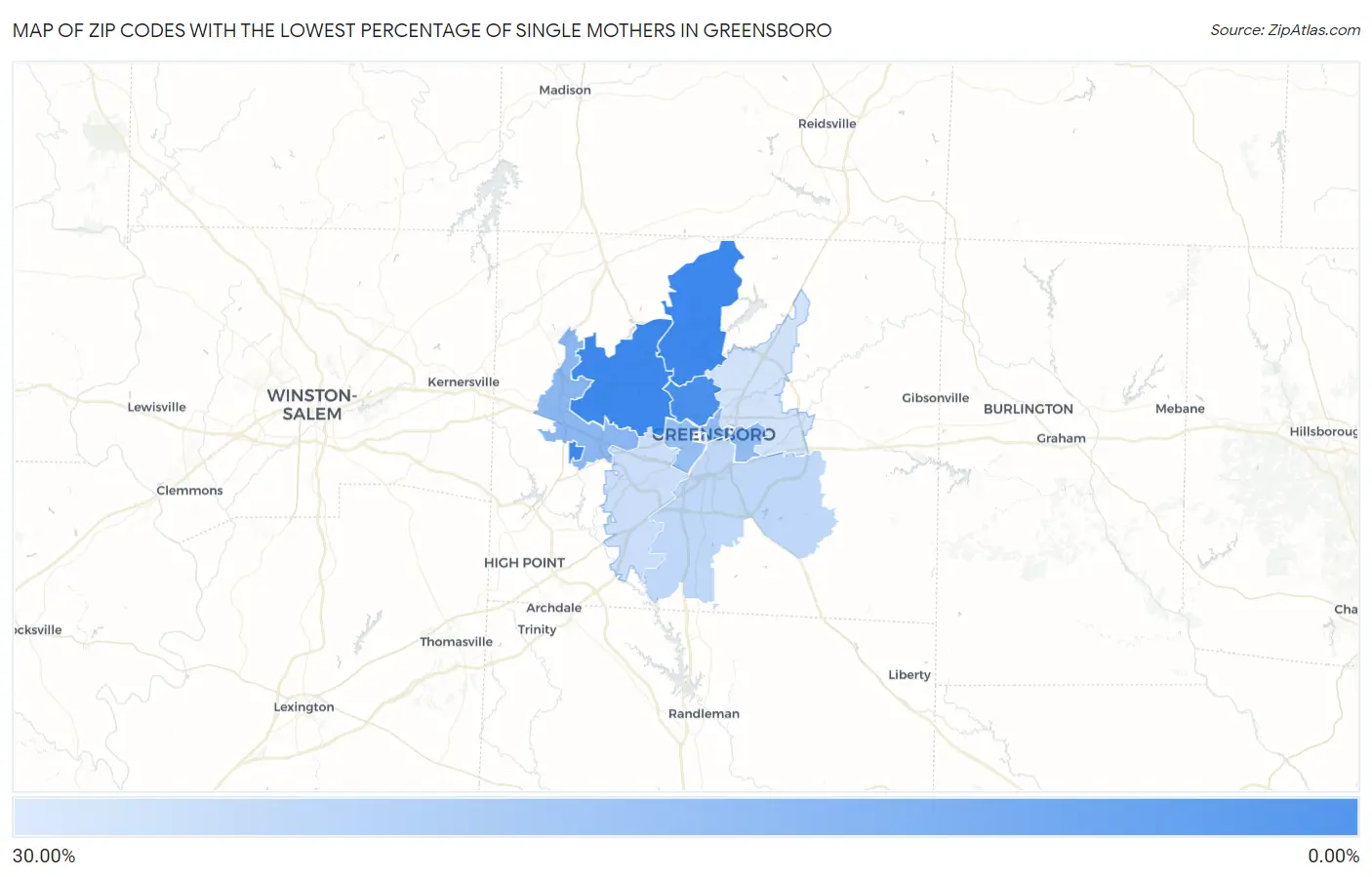 Zip Codes with the Lowest Percentage of Single Mothers in Greensboro Map