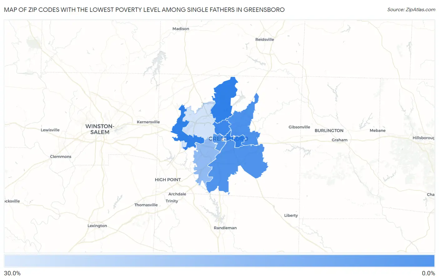 Zip Codes with the Lowest Poverty Level Among Single Fathers in Greensboro Map