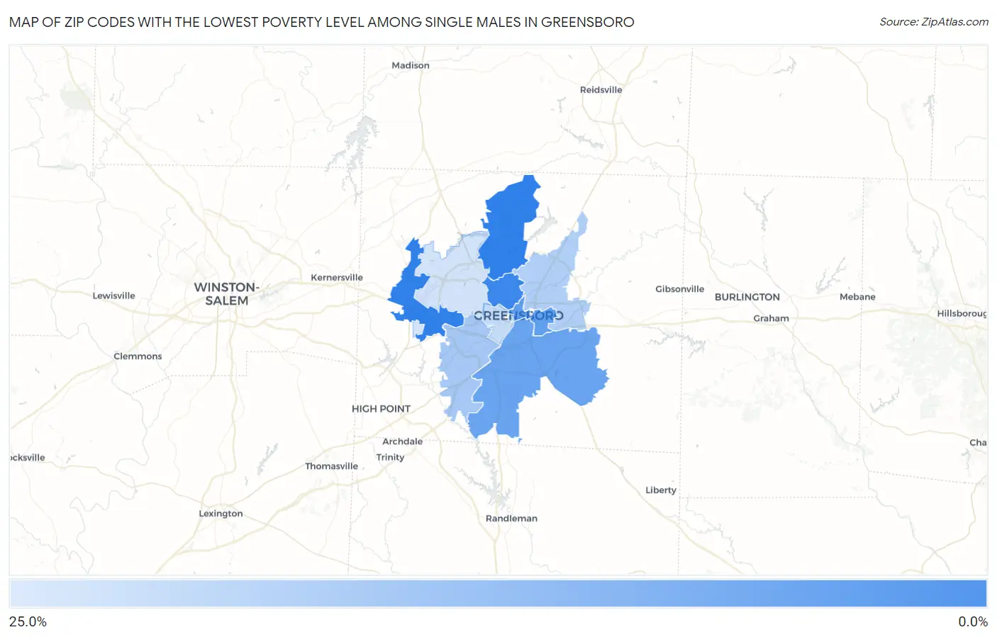 Zip Codes with the Lowest Poverty Level Among Single Males in Greensboro Map