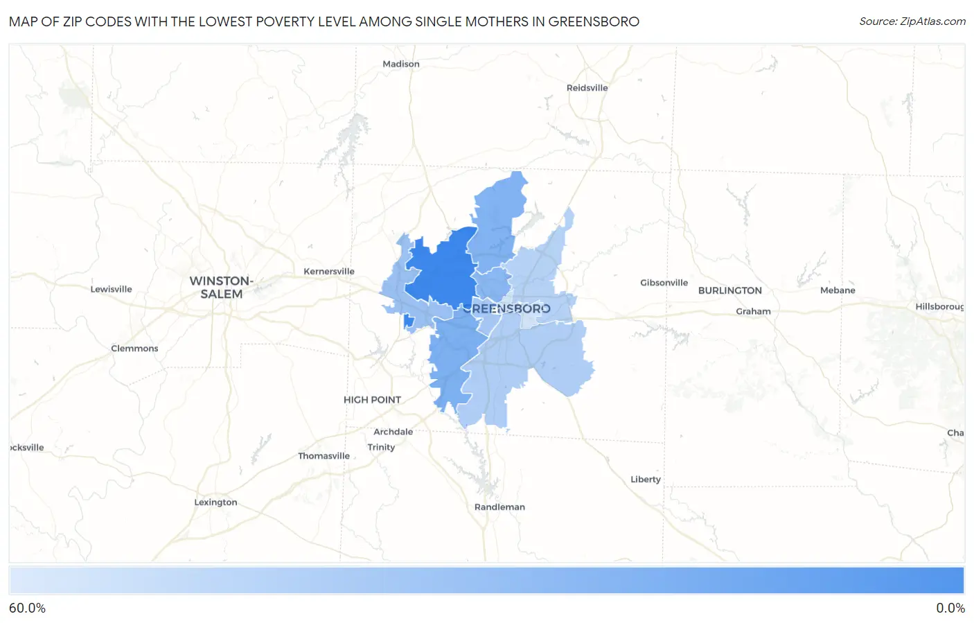 Zip Codes with the Lowest Poverty Level Among Single Mothers in Greensboro Map