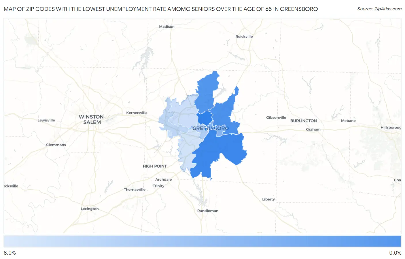 Zip Codes with the Lowest Unemployment Rate Amomg Seniors Over the Age of 65 in Greensboro Map
