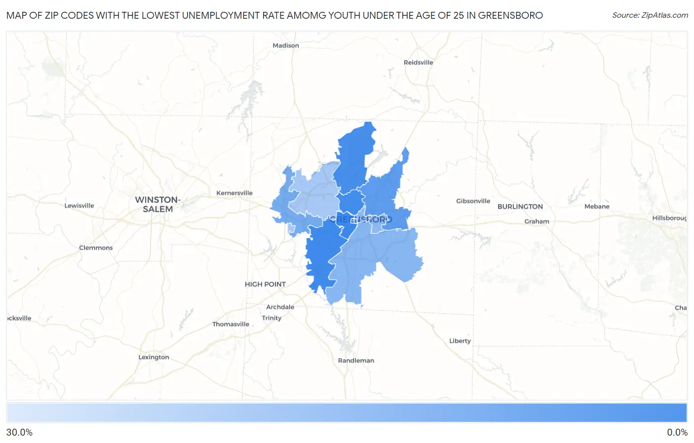 Zip Codes with the Lowest Unemployment Rate Amomg Youth Under the Age of 25 in Greensboro Map