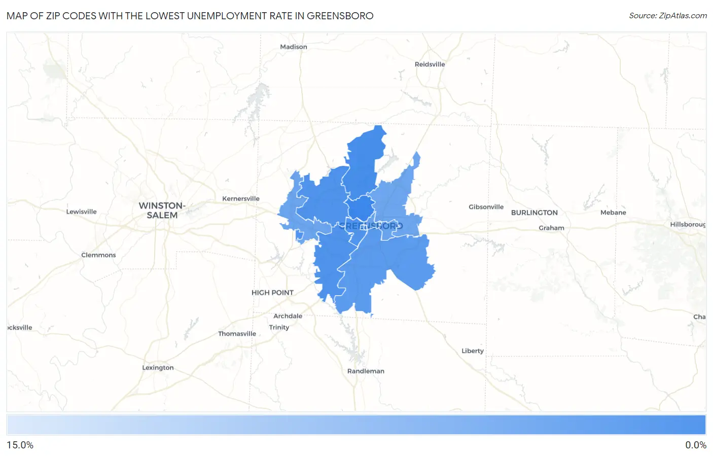 Zip Codes with the Lowest Unemployment Rate in Greensboro Map