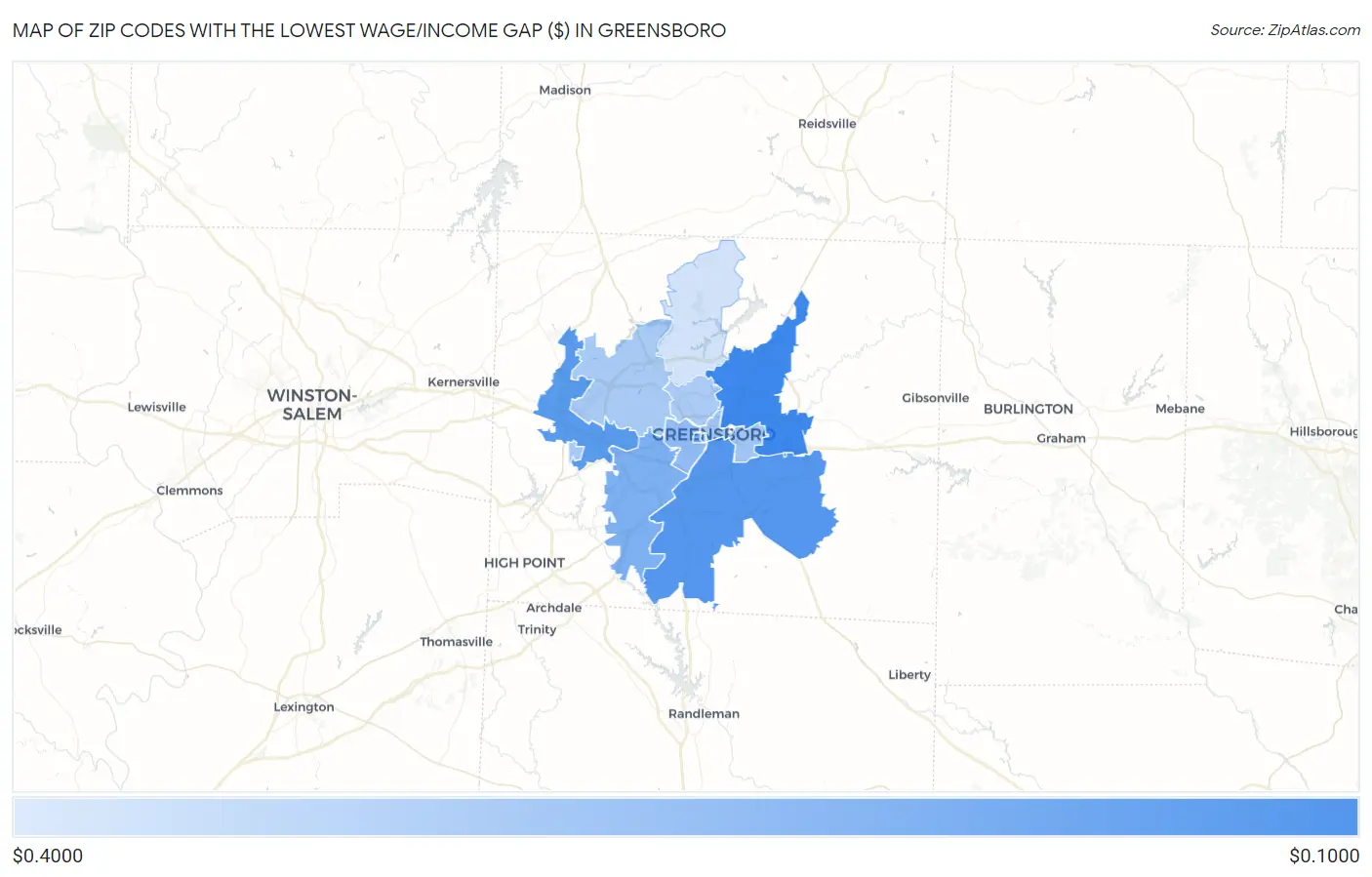 Zip Codes with the Lowest Wage/Income Gap ($) in Greensboro Map