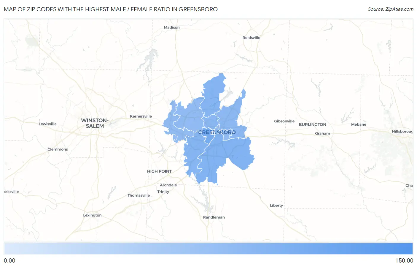 Zip Codes with the Highest Male / Female Ratio in Greensboro Map