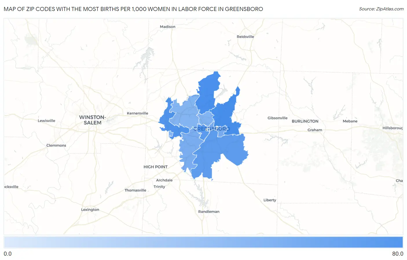 Zip Codes with the Most Births per 1,000 Women in Labor Force in Greensboro Map