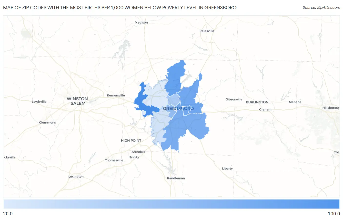 Zip Codes with the Most Births per 1,000 Women Below Poverty Level in Greensboro Map