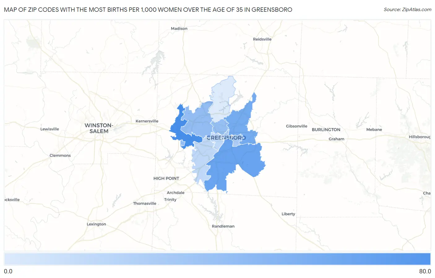 Zip Codes with the Most Births per 1,000 Women Over the Age of 35 in Greensboro Map