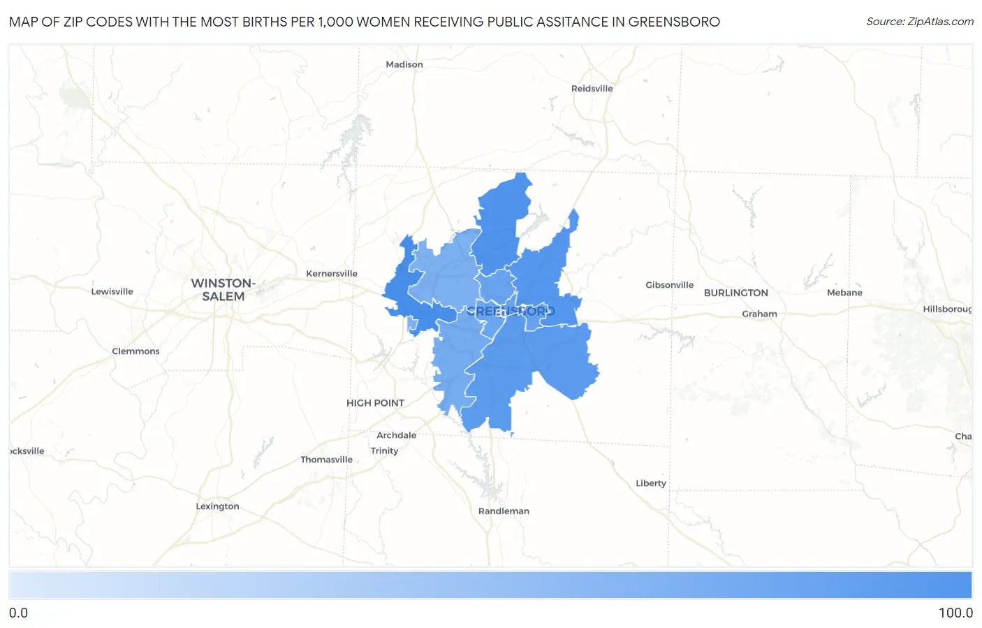 Zip Codes with the Most Births per 1,000 Women Receiving Public Assitance in Greensboro Map