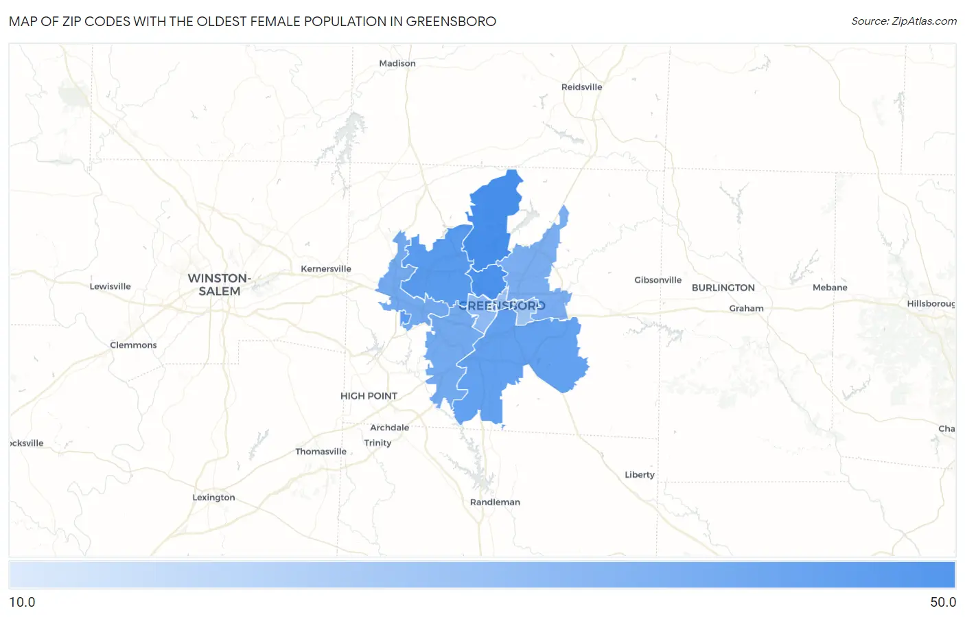 Zip Codes with the Oldest Female Population in Greensboro Map