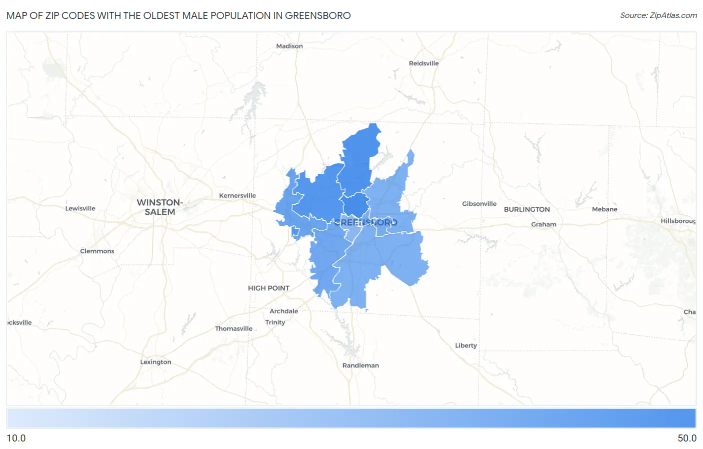 Zip Codes with the Oldest Male Population in Greensboro Map