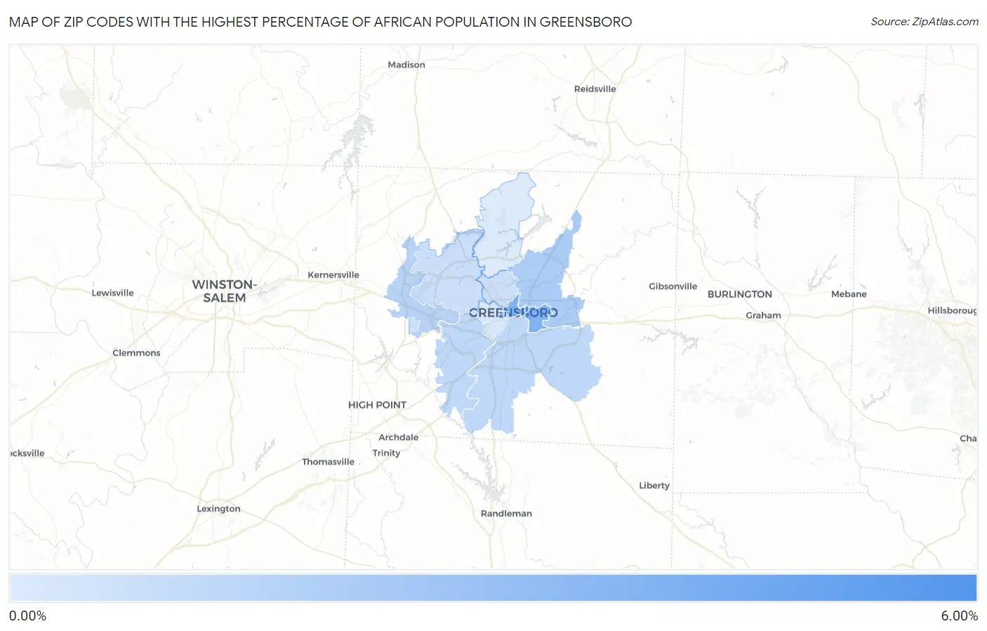 Zip Codes with the Highest Percentage of African Population in Greensboro Map