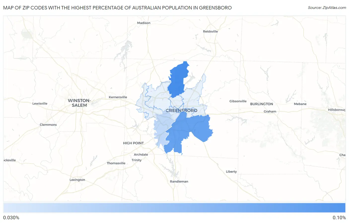 Zip Codes with the Highest Percentage of Australian Population in Greensboro Map