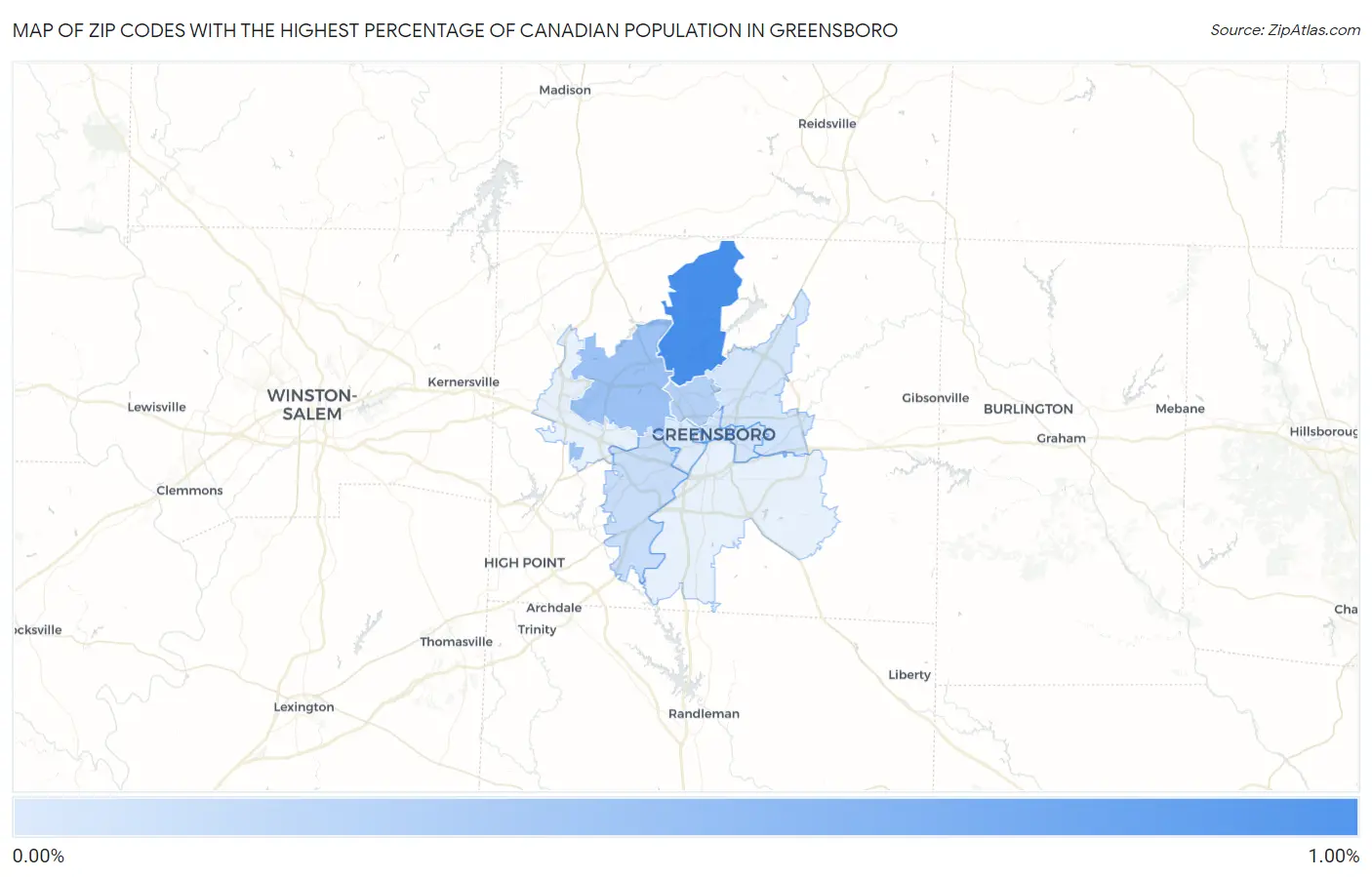 Zip Codes with the Highest Percentage of Canadian Population in Greensboro Map