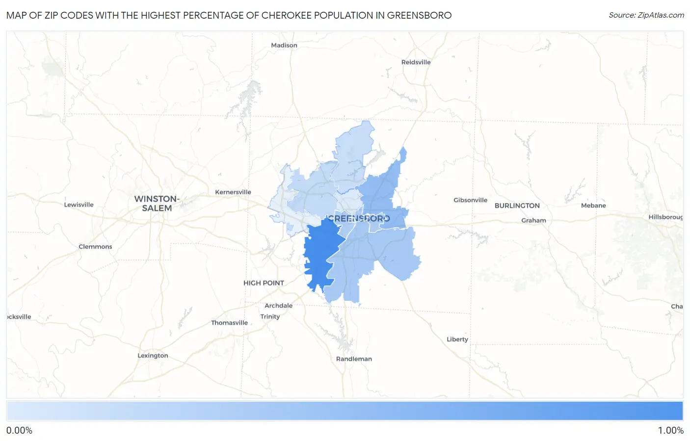 Zip Codes with the Highest Percentage of Cherokee Population in Greensboro Map
