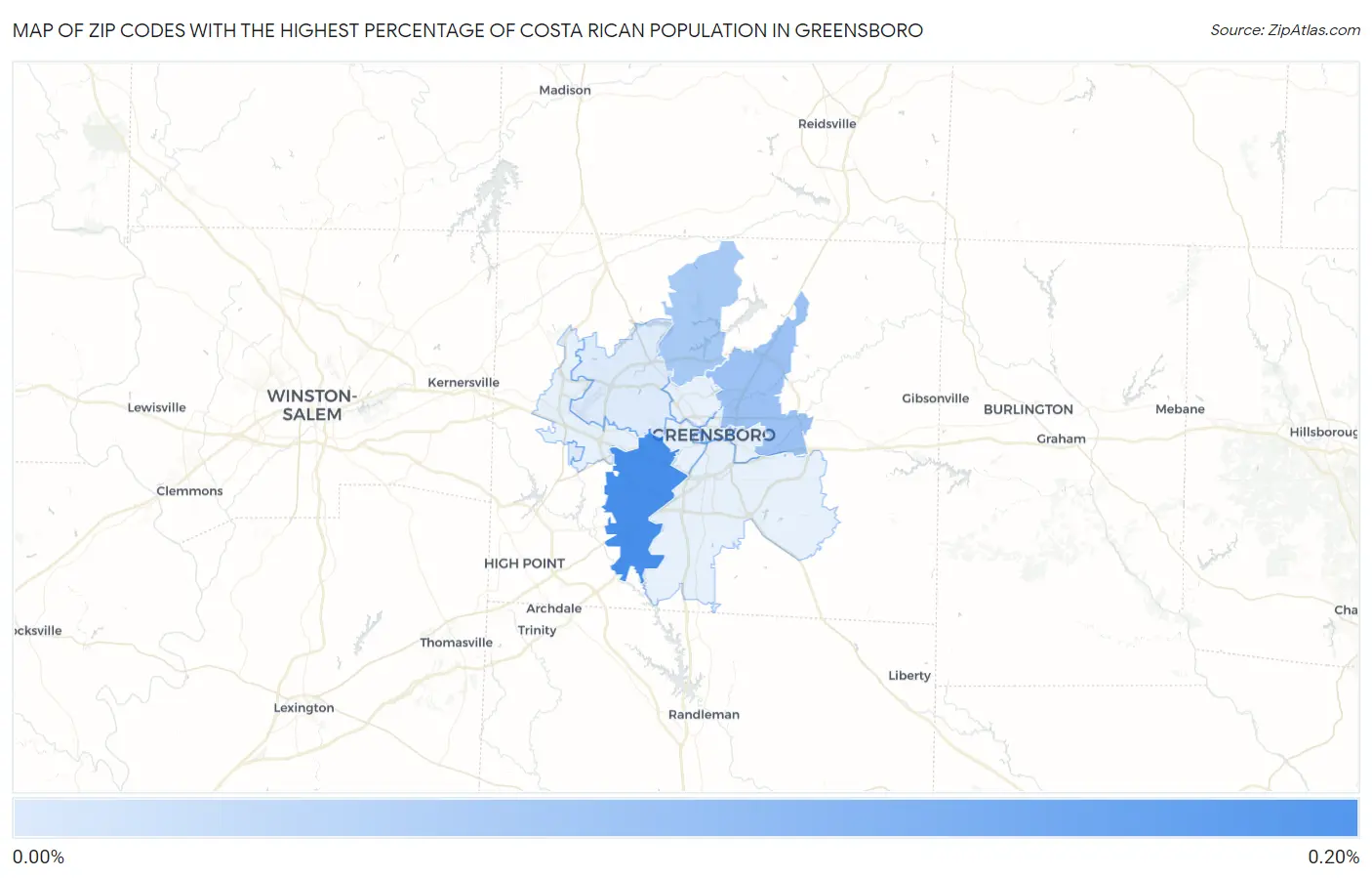 Zip Codes with the Highest Percentage of Costa Rican Population in Greensboro Map