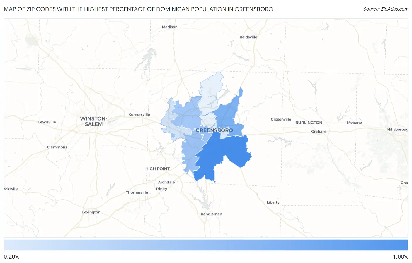 Zip Codes with the Highest Percentage of Dominican Population in Greensboro Map