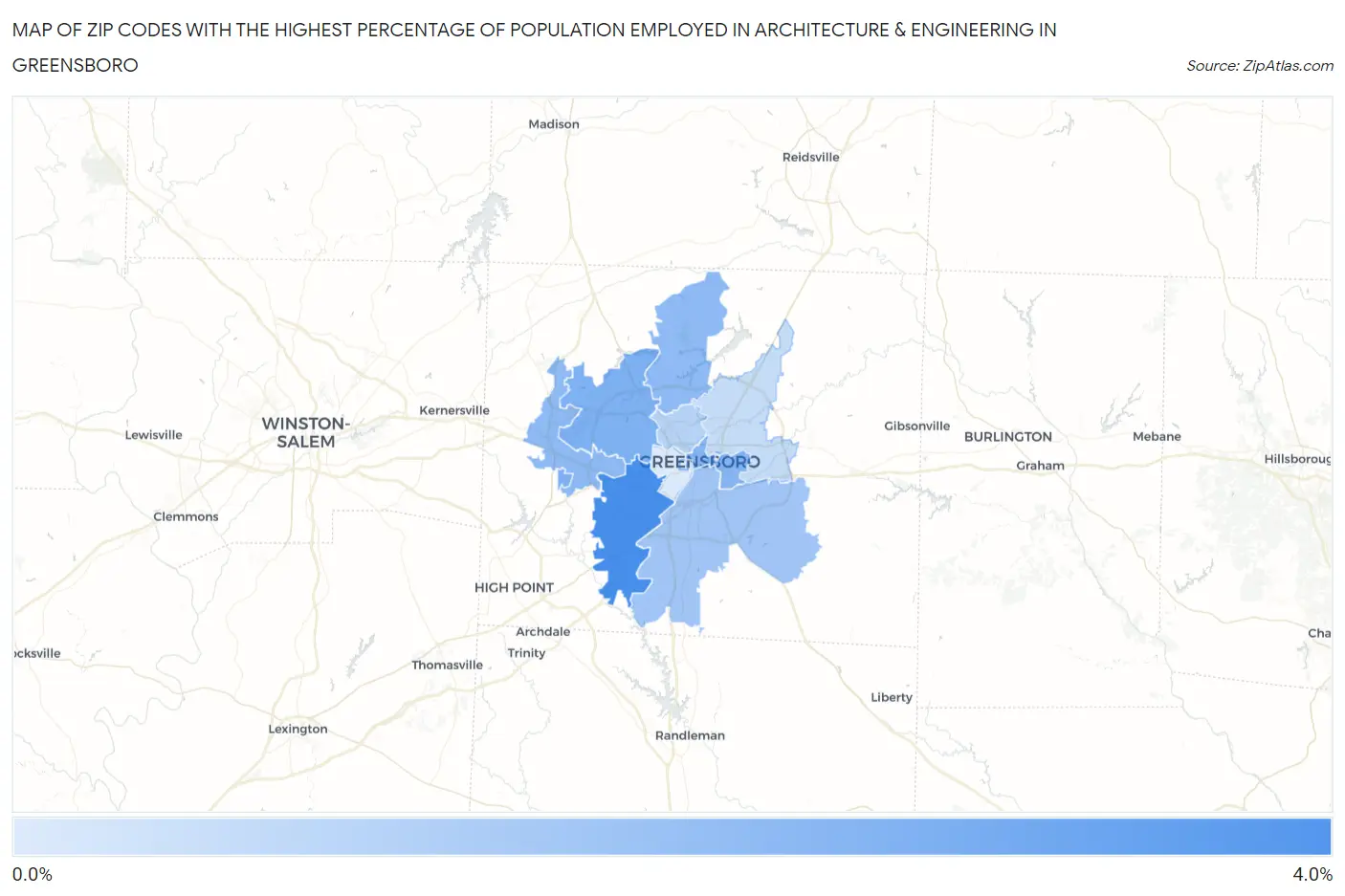 Zip Codes with the Highest Percentage of Population Employed in Architecture & Engineering in Greensboro Map