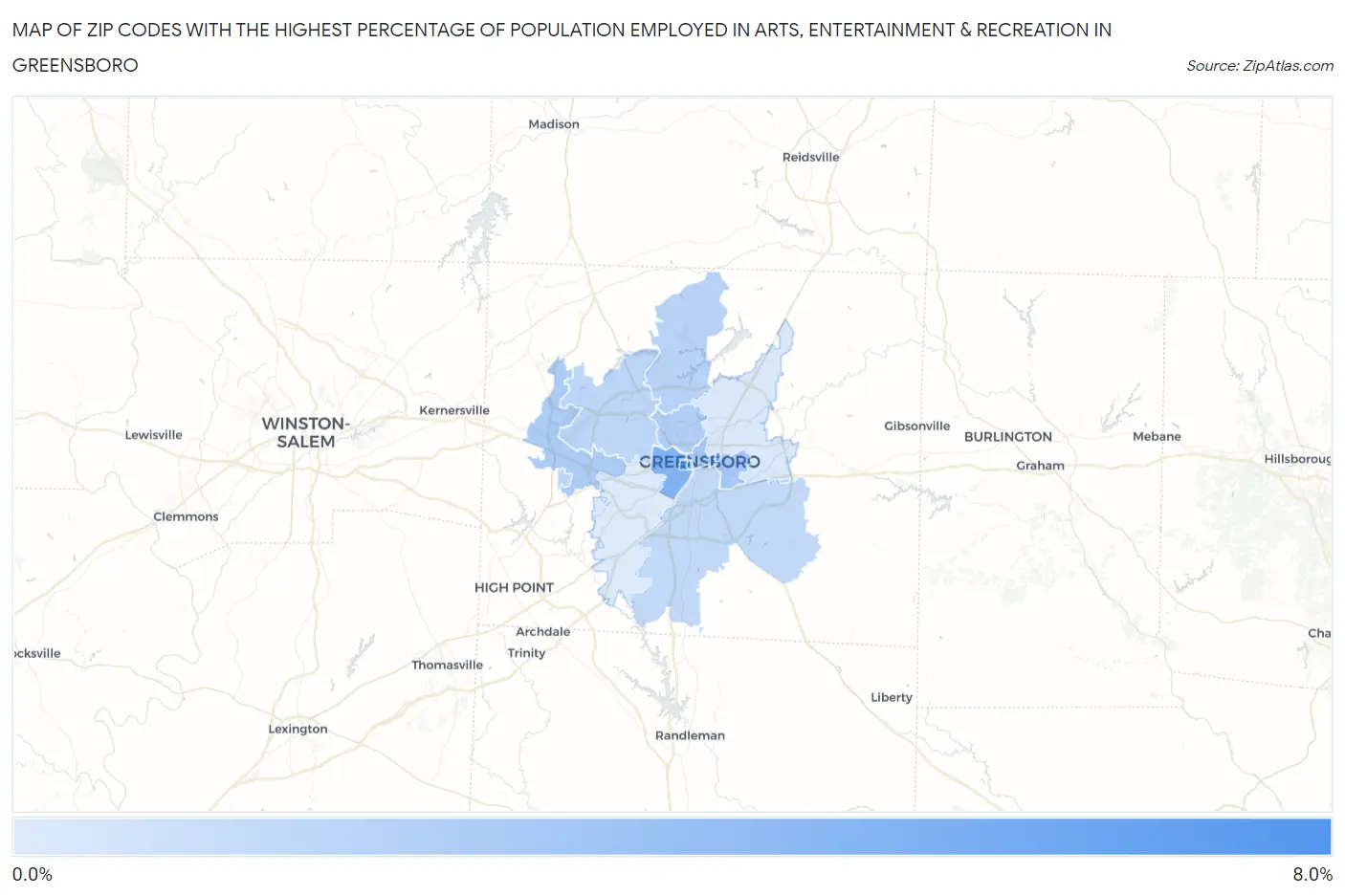 Zip Codes with the Highest Percentage of Population Employed in Arts, Entertainment & Recreation in Greensboro Map