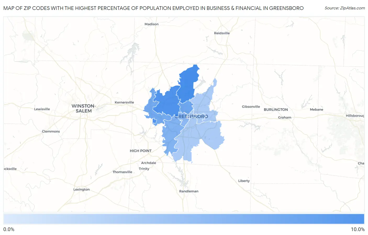 Zip Codes with the Highest Percentage of Population Employed in Business & Financial in Greensboro Map