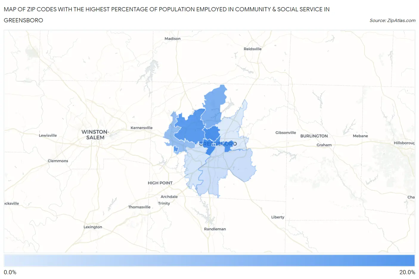 Zip Codes with the Highest Percentage of Population Employed in Community & Social Service  in Greensboro Map