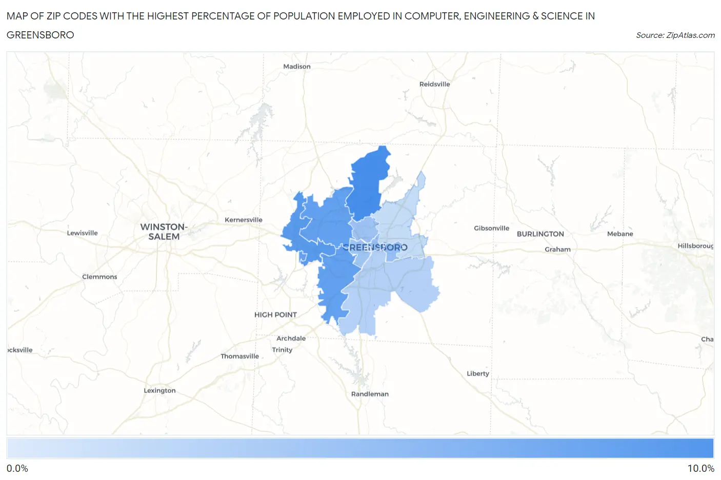 Zip Codes with the Highest Percentage of Population Employed in Computer, Engineering & Science in Greensboro Map