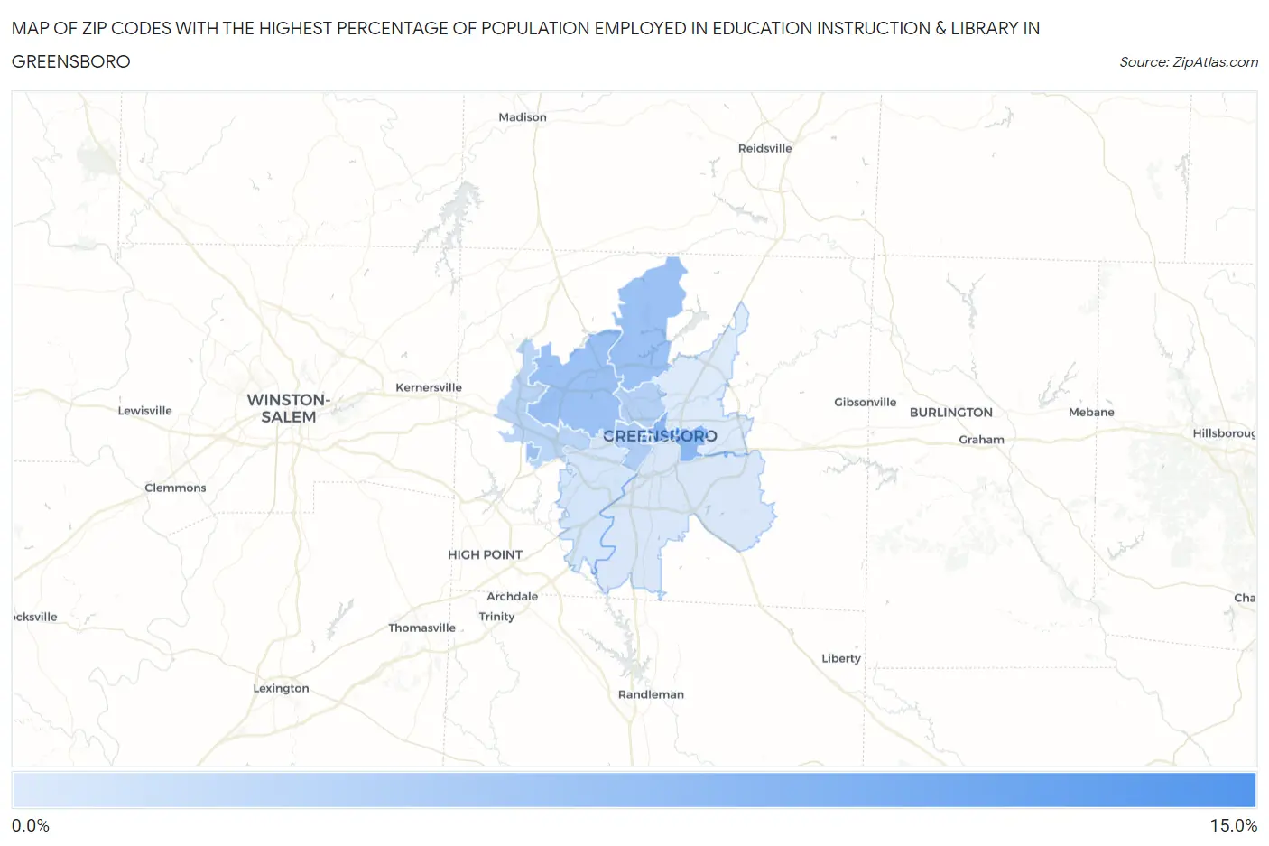 Zip Codes with the Highest Percentage of Population Employed in Education Instruction & Library in Greensboro Map