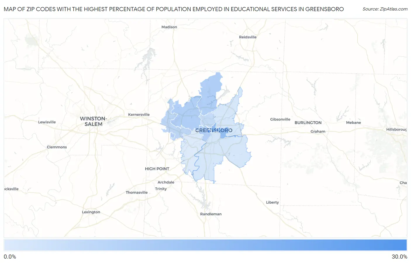 Zip Codes with the Highest Percentage of Population Employed in Educational Services in Greensboro Map