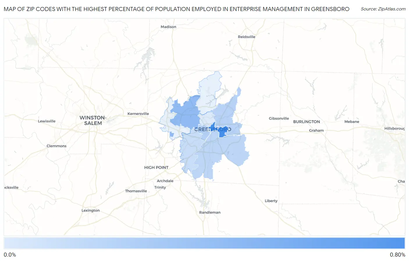 Zip Codes with the Highest Percentage of Population Employed in Enterprise Management in Greensboro Map