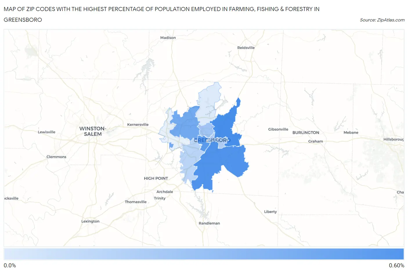 Zip Codes with the Highest Percentage of Population Employed in Farming, Fishing & Forestry in Greensboro Map