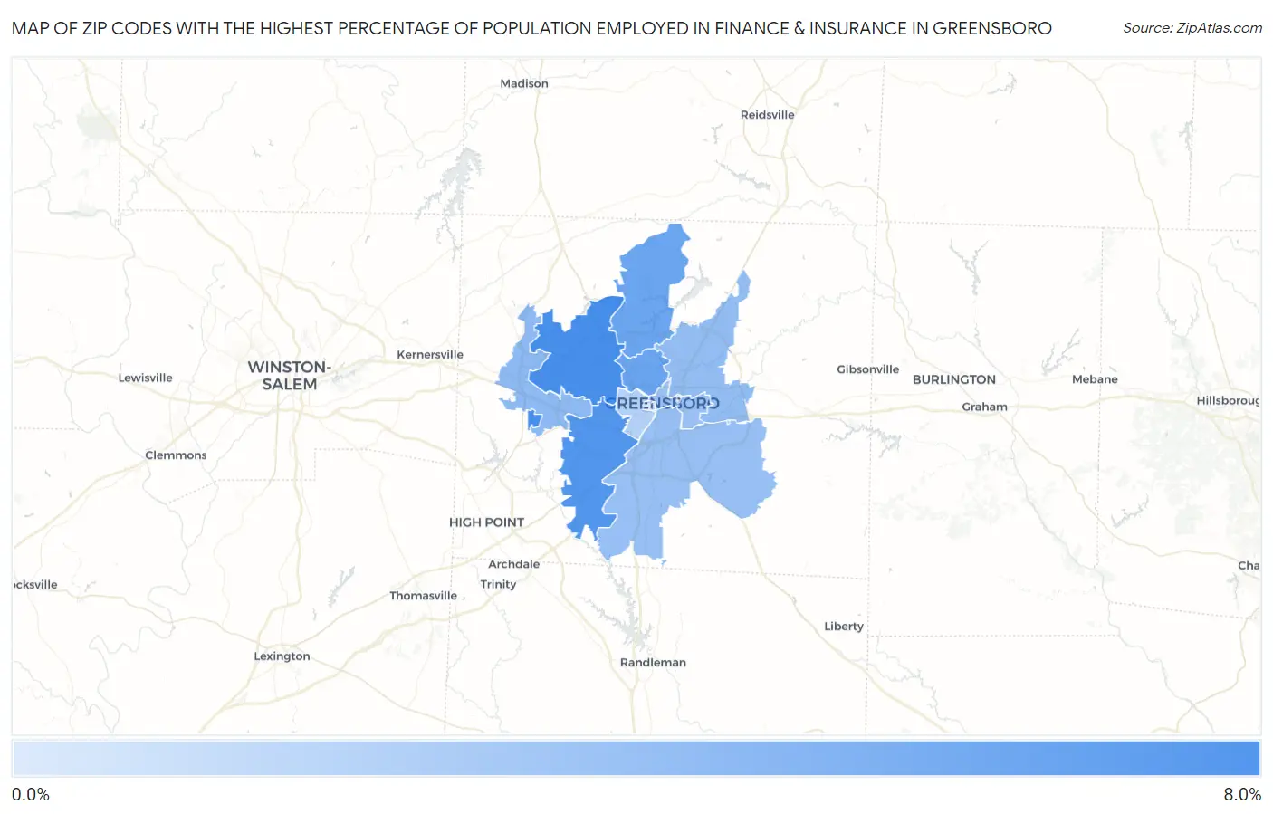 Zip Codes with the Highest Percentage of Population Employed in Finance & Insurance in Greensboro Map