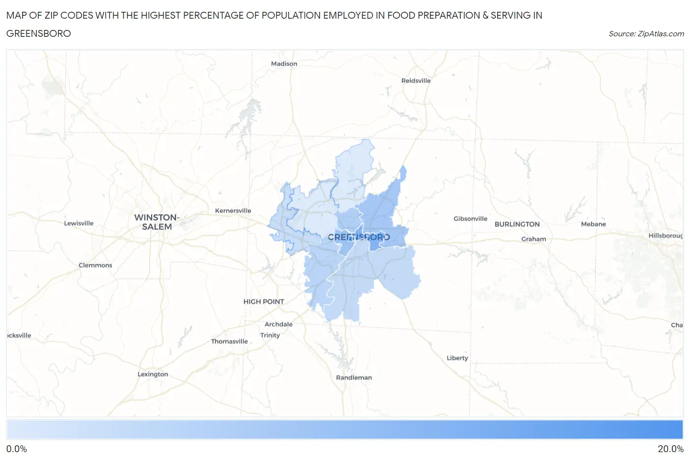 Zip Codes with the Highest Percentage of Population Employed in Food Preparation & Serving in Greensboro Map