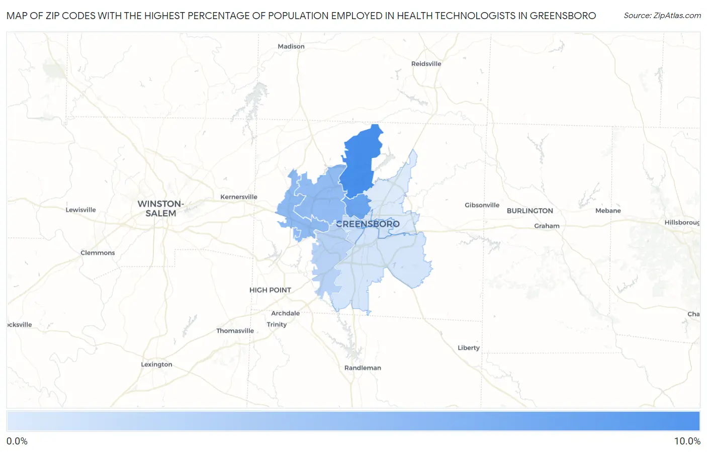 Zip Codes with the Highest Percentage of Population Employed in Health Technologists in Greensboro Map