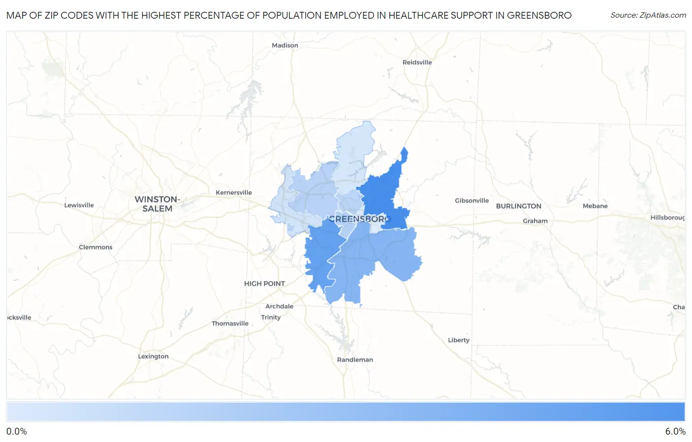 Zip Codes with the Highest Percentage of Population Employed in Healthcare Support in Greensboro Map