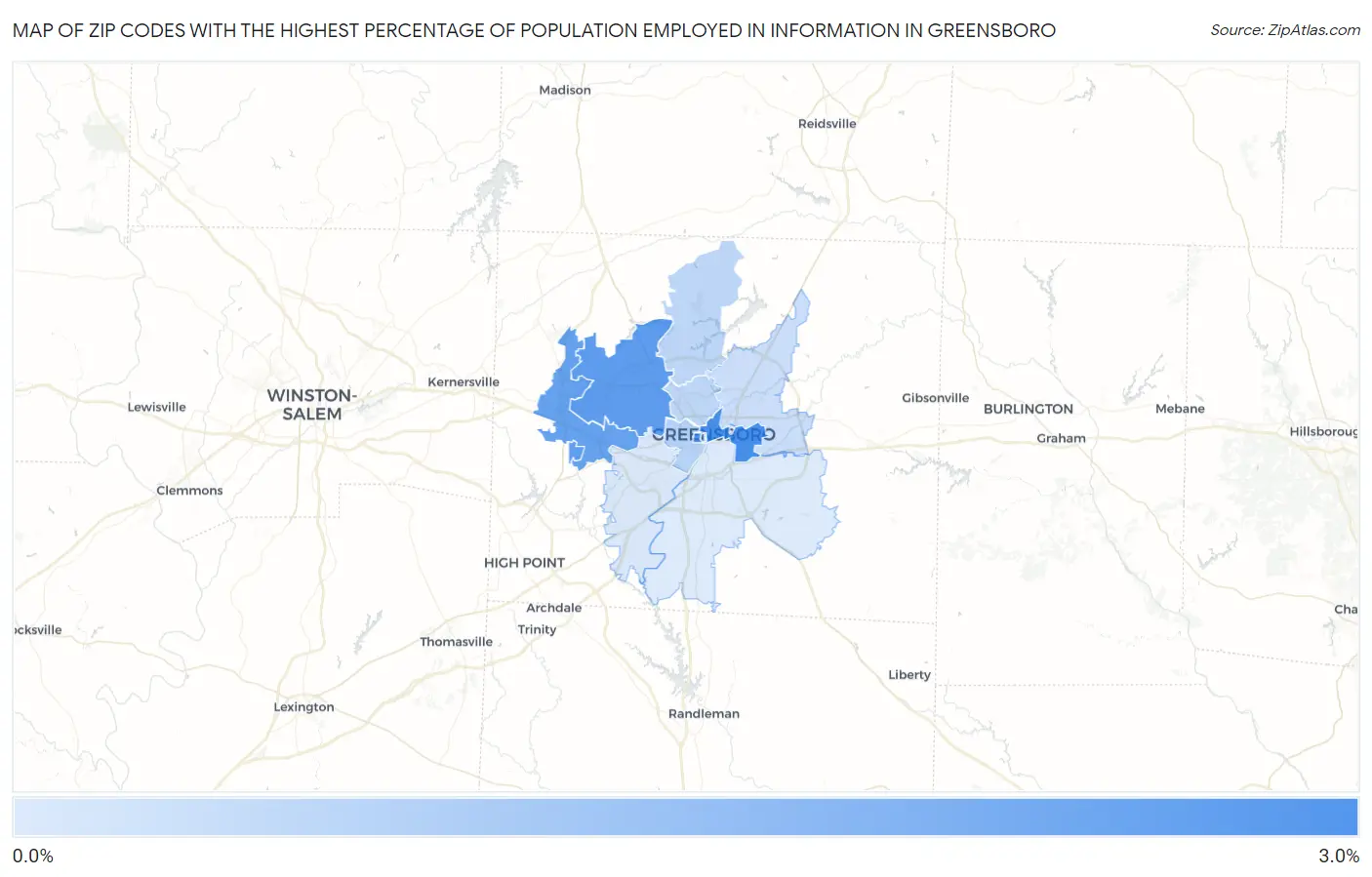 Zip Codes with the Highest Percentage of Population Employed in Information in Greensboro Map