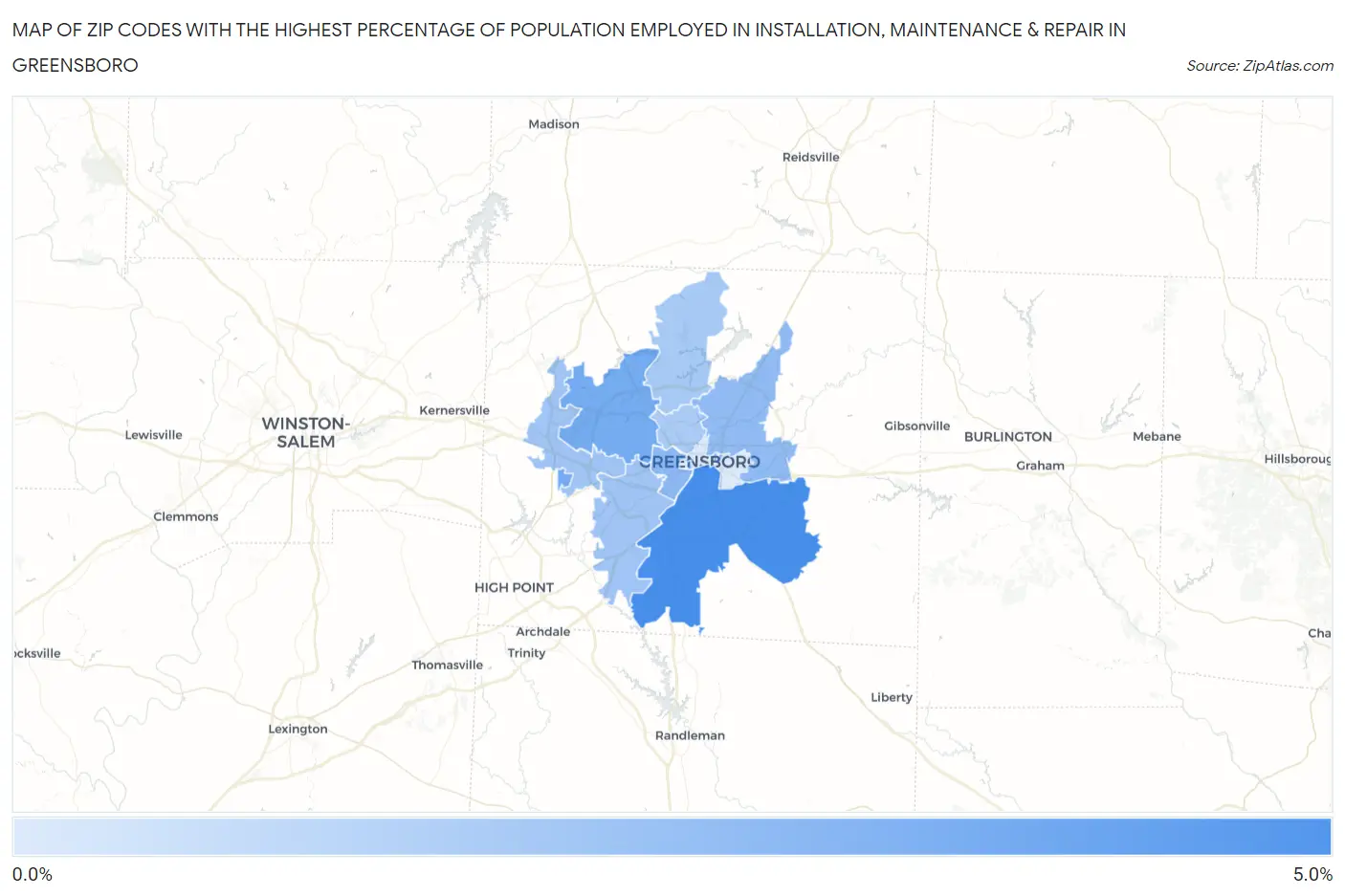Zip Codes with the Highest Percentage of Population Employed in Installation, Maintenance & Repair in Greensboro Map