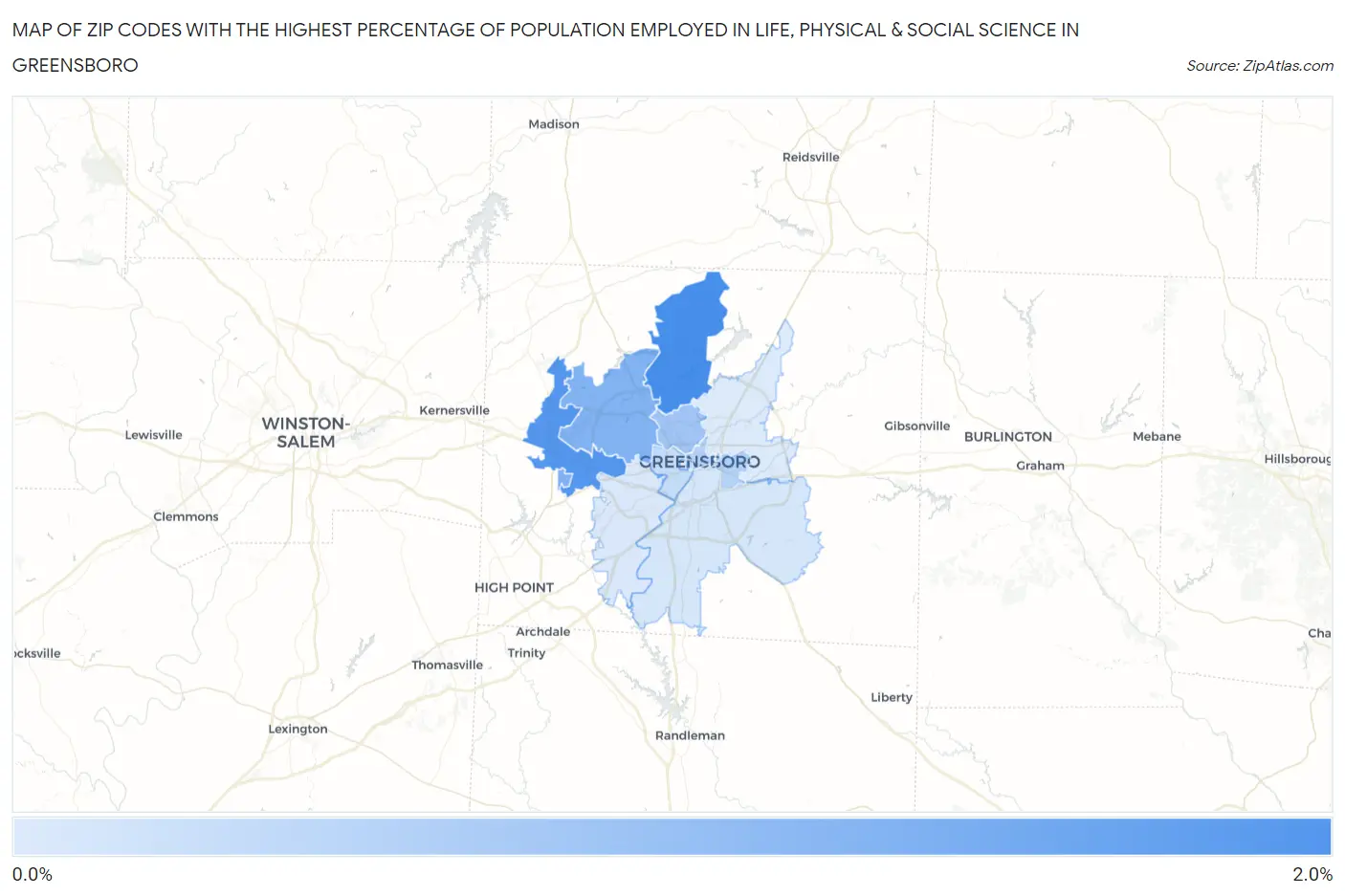 Zip Codes with the Highest Percentage of Population Employed in Life, Physical & Social Science in Greensboro Map