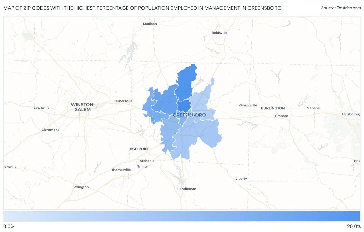 Zip Codes with the Highest Percentage of Population Employed in Management in Greensboro Map