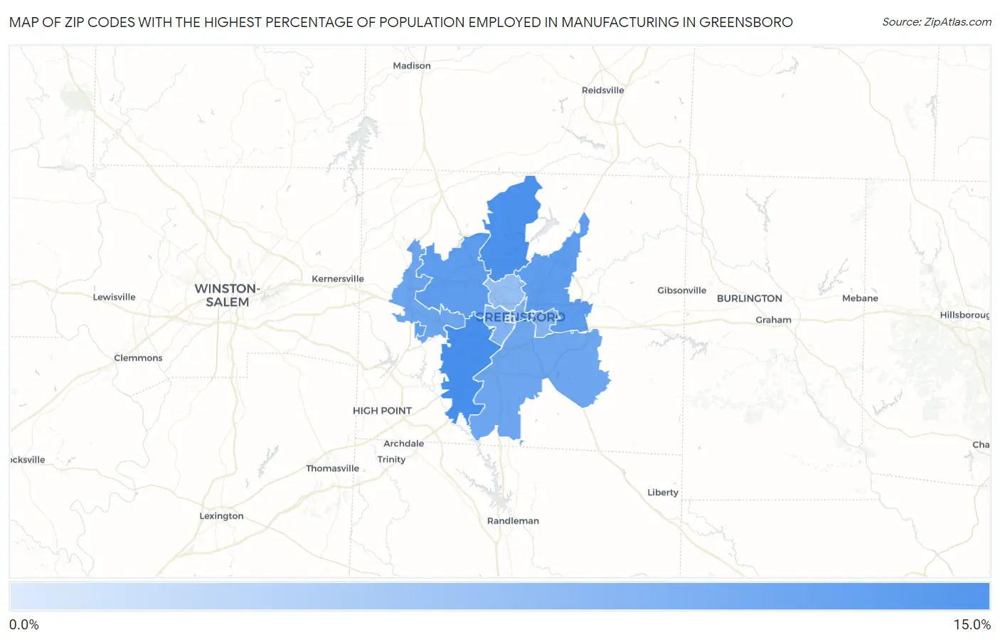 Zip Codes with the Highest Percentage of Population Employed in Manufacturing in Greensboro Map