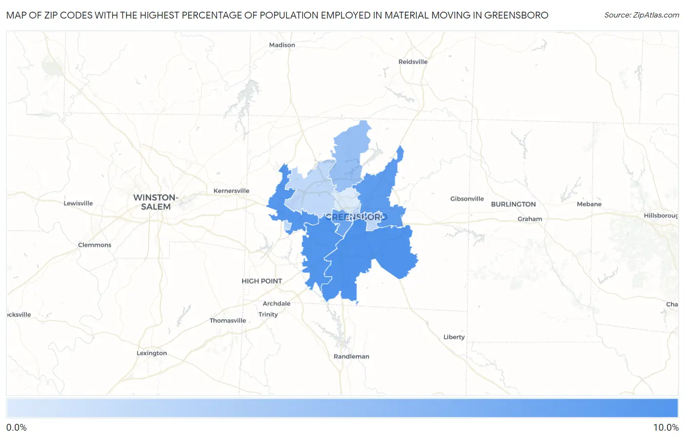 Zip Codes with the Highest Percentage of Population Employed in Material Moving in Greensboro Map