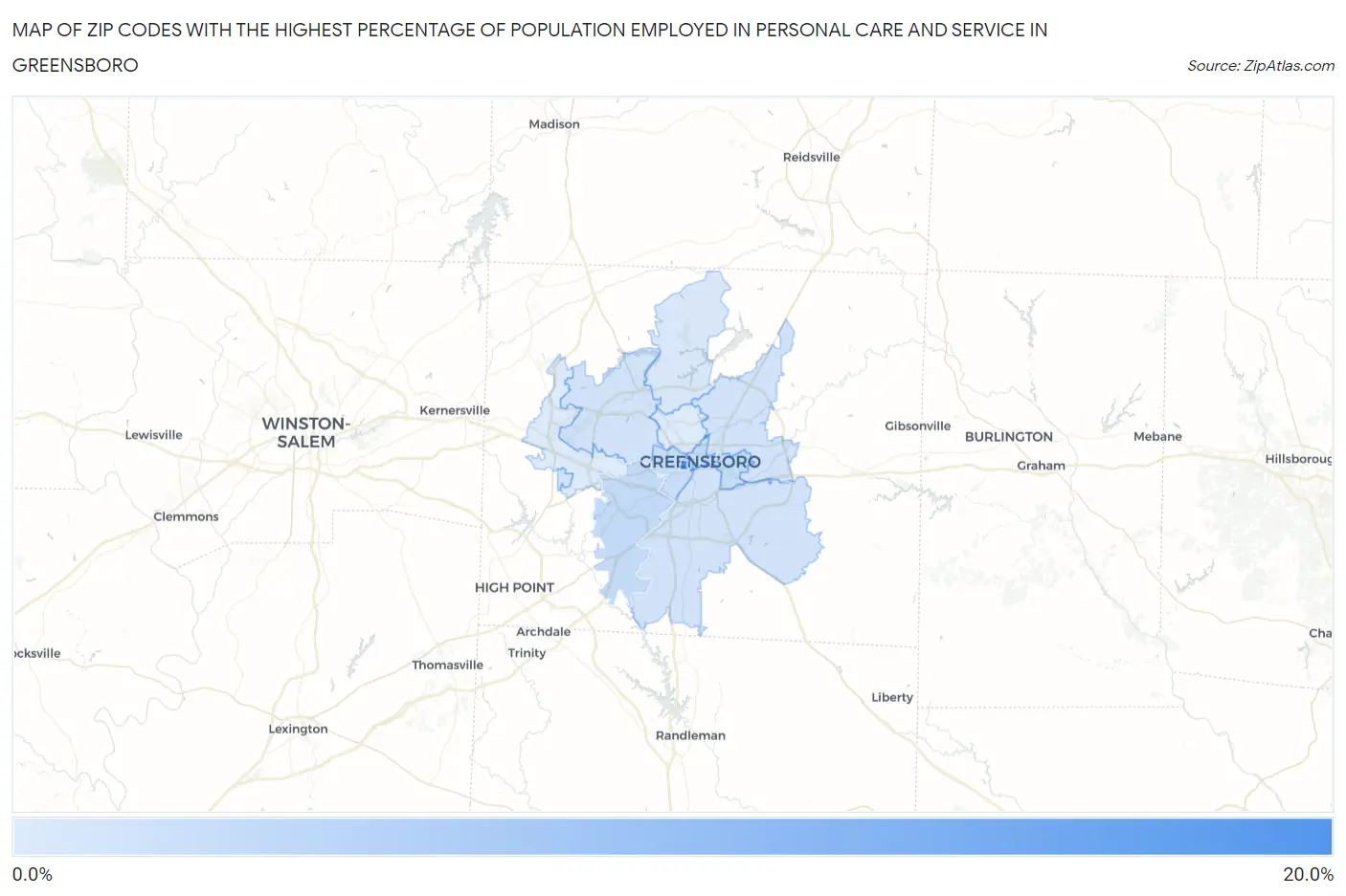 Zip Codes with the Highest Percentage of Population Employed in Personal Care and Service in Greensboro Map