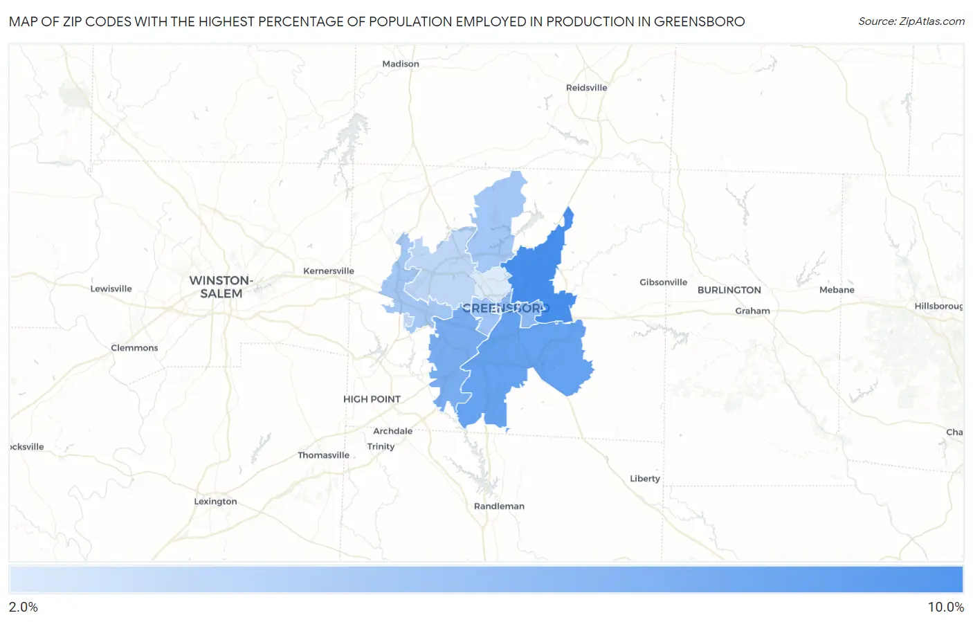 Zip Codes with the Highest Percentage of Population Employed in Production in Greensboro Map