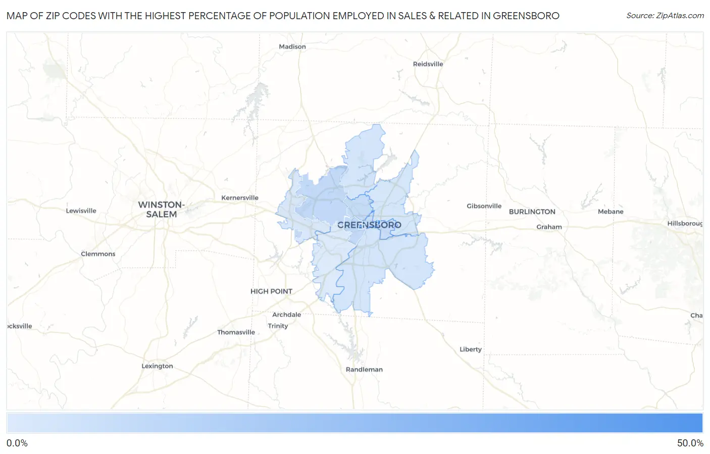 Zip Codes with the Highest Percentage of Population Employed in Sales & Related in Greensboro Map