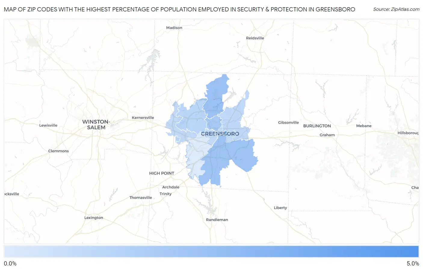 Zip Codes with the Highest Percentage of Population Employed in Security & Protection in Greensboro Map