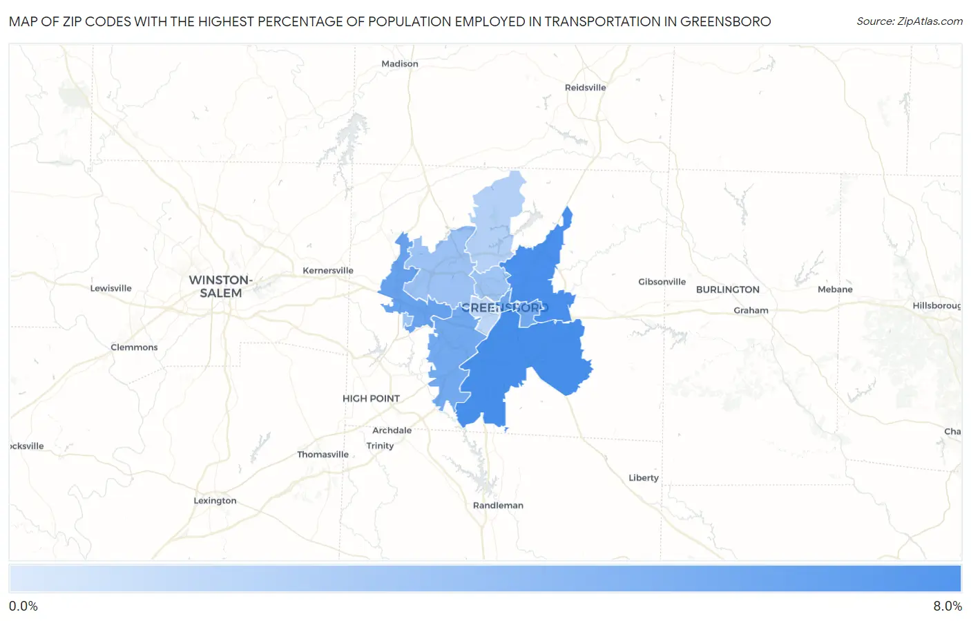 Zip Codes with the Highest Percentage of Population Employed in Transportation in Greensboro Map