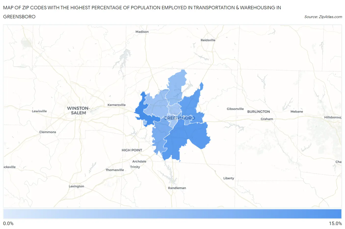 Zip Codes with the Highest Percentage of Population Employed in Transportation & Warehousing in Greensboro Map