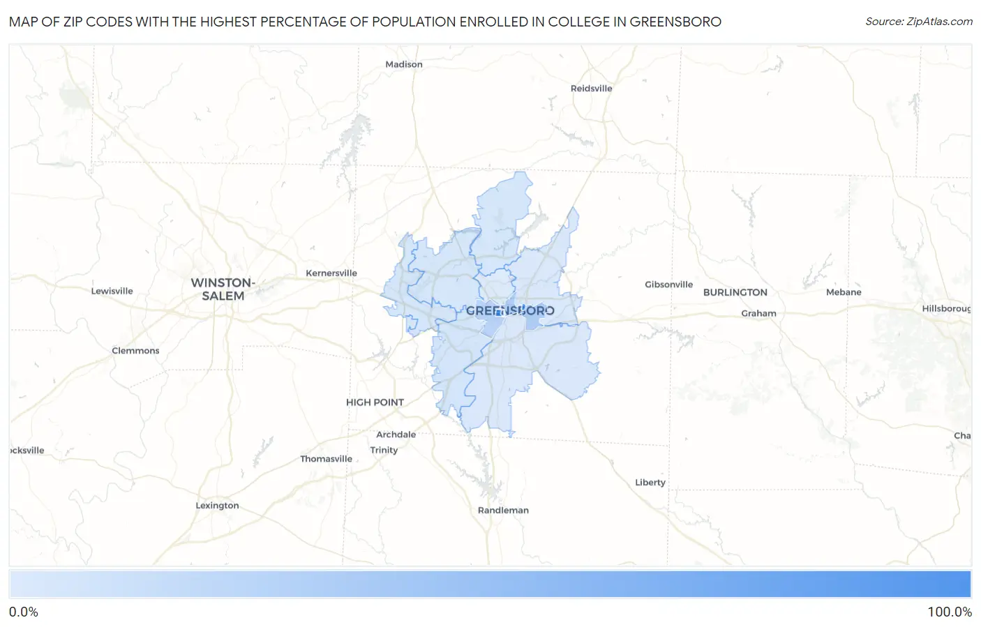 Zip Codes with the Highest Percentage of Population Enrolled in College in Greensboro Map