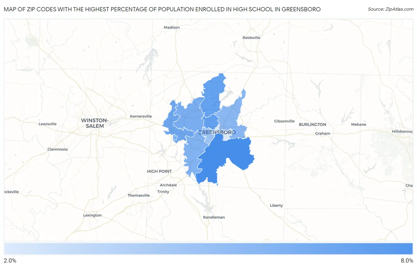 Zip Codes with the Highest Percentage of Population Enrolled in High School in Greensboro Map