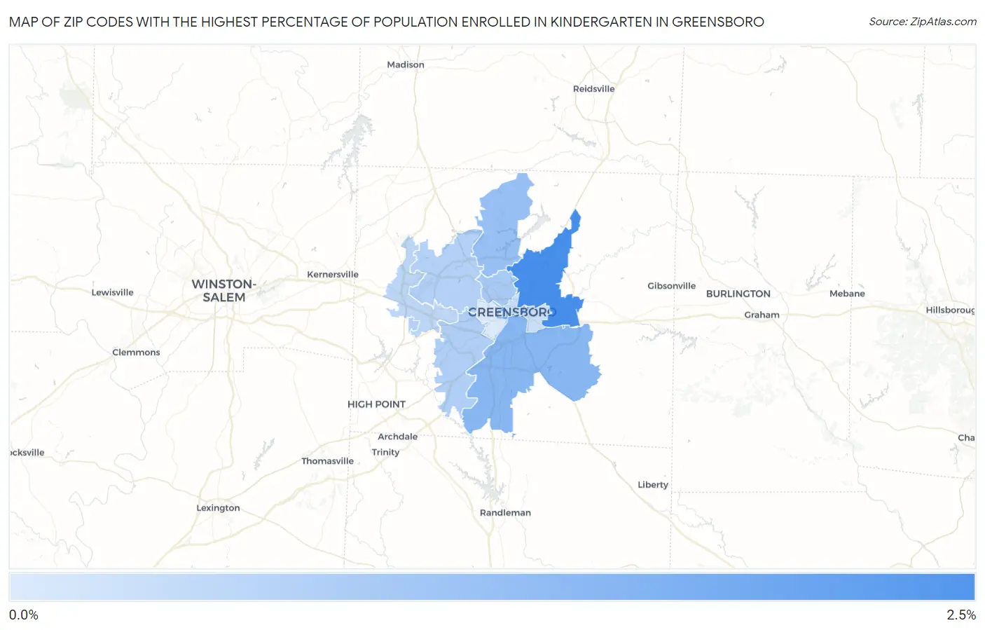 Zip Codes with the Highest Percentage of Population Enrolled in Kindergarten in Greensboro Map